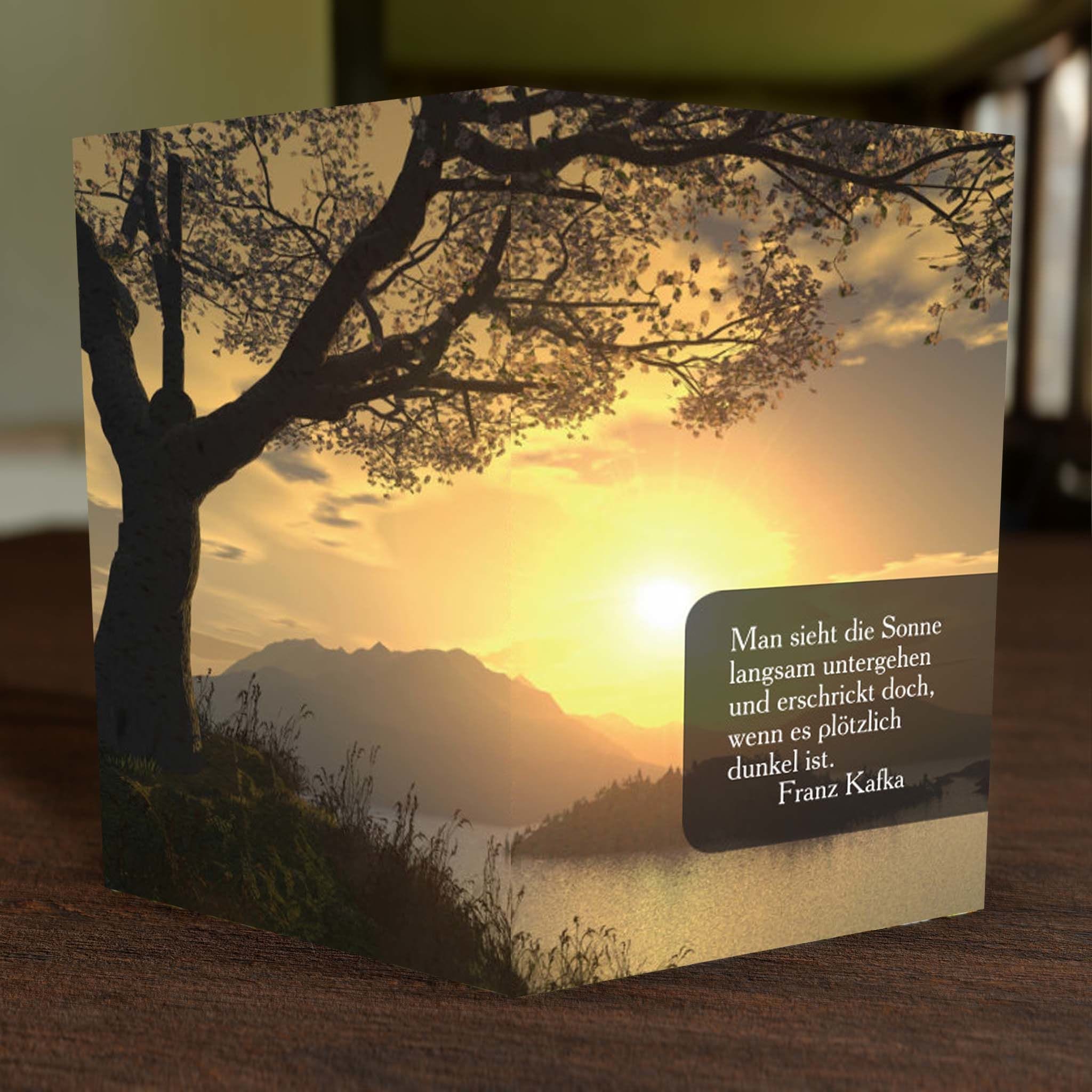 Sterbebild Motiv Sonnenuntergang mit Spruch Hochklapp