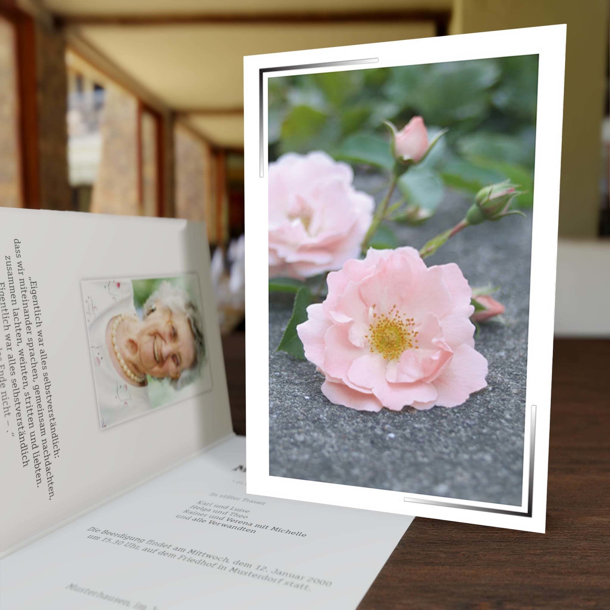 † Trauerkarten Rosa Rosen Hochklapp